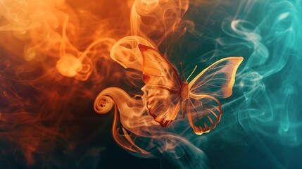 Wall Mural - shining butterfly with metallic paper wings on a dark background, gradient orange and teal smoke swi