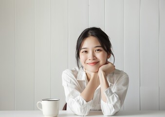 Wall Mural - A photo of an Asian woman sitting at a table with her chin resting on one hand, smiling and looking into the camera, with a white background and white wall, with a coffee mug on top of the desk, in a 