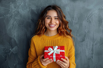 Wall Mural - The woman holding the red gift box