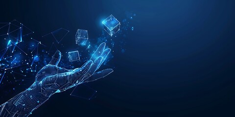 Wall Mural - A hand holding glowing blue cubes on a dark background, depicting a technology concept for digital transformation and online business and social media marketing.