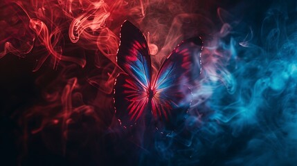 Wall Mural - shining butterfly with paper wings that change colors on a dark background, gradient red and blue sm