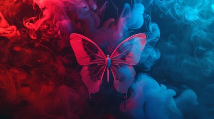 Wall Mural - shining butterfly with paper wings that change colors on a dark background, gradient red and blue sm