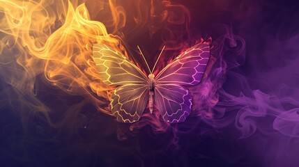 Wall Mural - shining butterfly with patterned paper wings on a dark background, gradient yellow and lavender smok
