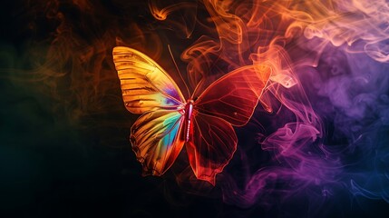 Wall Mural - shining butterfly with reflective rainbow paper wings on a dark background, gradient orange and viol