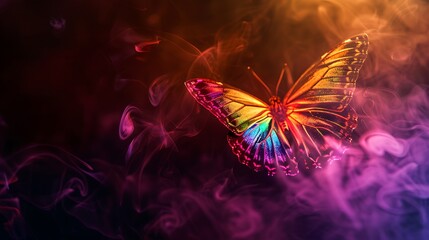 Wall Mural - shining butterfly with reflective rainbow paper wings on a dark background, gradient orange and viol