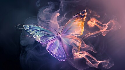 Wall Mural - shining butterfly with shimmering pearl paper wings on a dark background, gradient lavender and mint