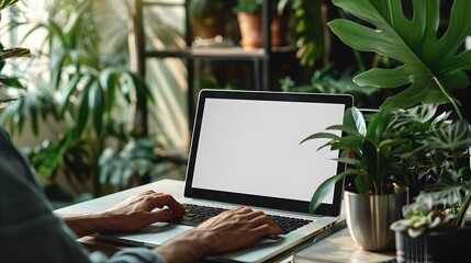 Close up of hands typing on a laptop with a blank white screen, a woman working at home in her office with a modern interior