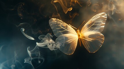 Wall Mural - shining butterfly with translucent paper wings on a dark background, gradient gold and silver smoke,