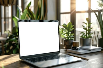 Sticker - A laptop sits on a wooden desk in a home office surrounded by plants. AI.