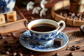 Steaming cup of black coffee served on blue porcelain cup and saucer with brown sugar cube on rustic wooden table with coffee beans