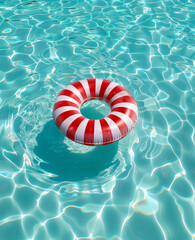 Wall Mural - A red and white striped inflatable ring floats in a shimmering blue pool. Minimal summer concept.