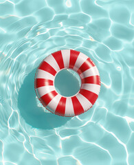 Wall Mural - A red and white striped inflatable ring floating in a clear blue pool. Minimal summer concept.