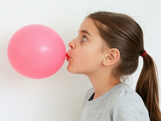 Poster - Girl blowing a bubblegum balloon. AI.