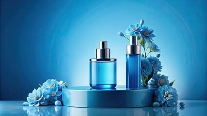 Wall Mural - Blue podium with cosmetic bottle and flowers on top, blue, podium, cosmetic, bottle, flowers, beauty, presentation