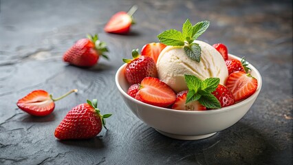 Poster - A delicious bowl of vanilla ice cream topped with fresh strawberries, dessert, sweet, cold, delicious, creamy, treat, frozen, fruit