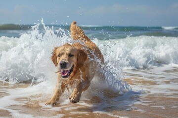 Wall Mural - a dog running through the water at the beach