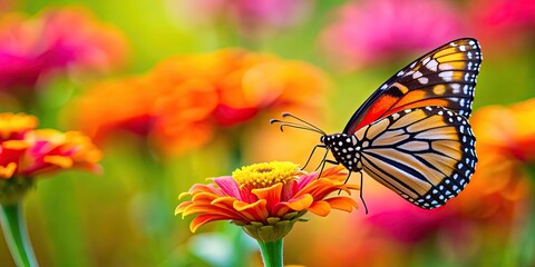 Poster - Monarch butterfly perched on a vibrant flower, monarch, butterfly, flower, nature, insect, wildlife, pollination, colorful