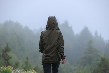 Wall Mural - Woman enjoy the rainy forest in summer high altitude mountains