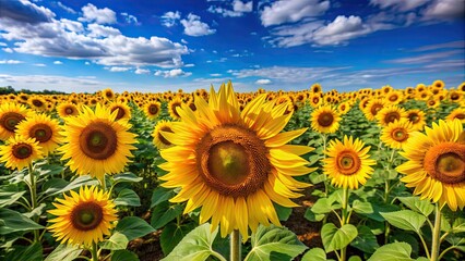 Poster - Field of vibrant sunflowers under a clear blue sky, sunflowers, field, nature, yellow, petals, beauty, agriculture, sunny