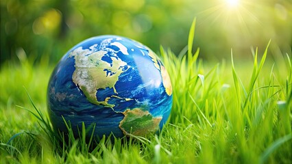 Poster - Earth globe resting on lush green grass, earth, globe, grass, environment, planet, nature, world, global, outdoors