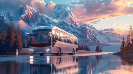 Wall Mural - a modern tourist bus with large windows, traveling through a picturesque countryside with mountains 