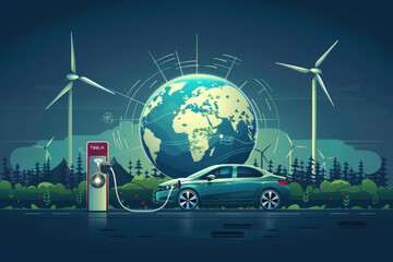 earth energy, wind power and cars, illustration