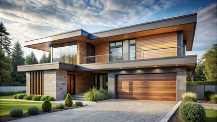 Poster - Contemporary home with minimalist design, featuring a flat roof and wooden accents, modern, house, architecture