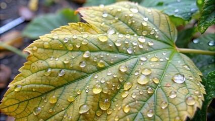 Poster - Raindrops glistening on a vibrant yellow leaf of a plant , Raindrops, yellow leaf, close-up, nature