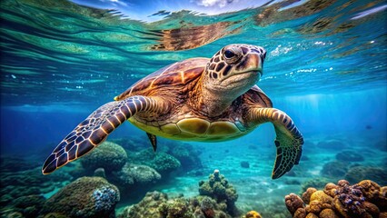 Wall Mural - A close-up photo of a beautiful sea turtle swimming gracefully in the ocean , turtle, sea, underwater, marine life, wildlife