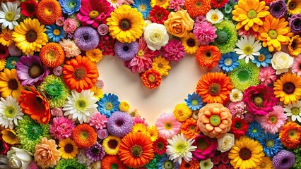 Wall Mural - Close-up of a heart made of colorful flowers, love, romance, nature, Valentine's Day, petals, bloom, floral, botanical