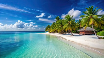 Canvas Print - Maldivian shore at Constance Moofushi Maldives with blue sea, palm trees, sandy beach, and clear sky