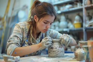 Poster - a woman is making a vase out of clay