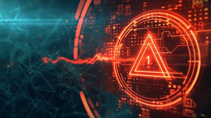 Futuristic digital interface with glowing red geometric shapes and binary code elements. Technology and cyber security concept background.