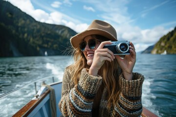 Sticker - a woman taking a picture of herself on a boat