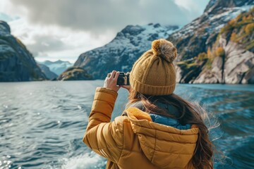 Wall Mural - a woman taking a picture of a mountain lake