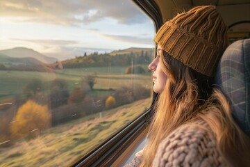 Sticker - a woman looking out the window of a train