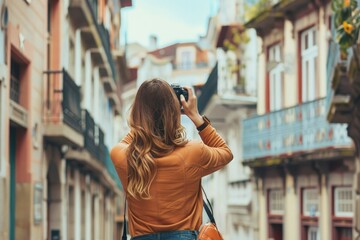 Canvas Print - a woman taking a picture of a building with a camera