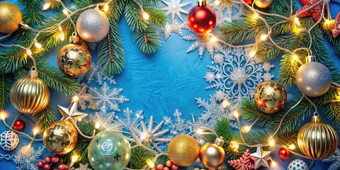 Sticker - Christmas decorations including ornaments, lights, and tinsel on a blue background, Christmas, decoration, ornaments, lights