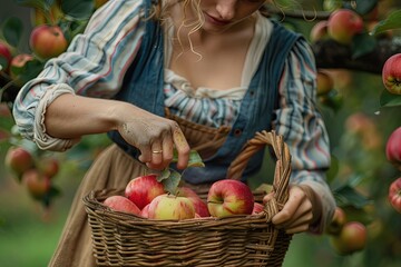 a woman is picking apples from a tree