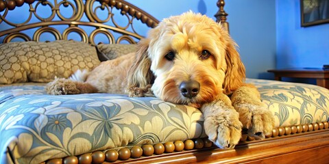 Poster - Goldendoodle dog laying on the bed with paw on the footboard, Goldendoodle, dog, pet, canine, animal, cute, fluffy, golden