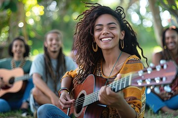 Sticker - a woman with dreadlocks playing a guitar