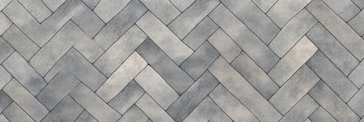 A close-up view of a herringbone pattern brick paver floor in a grey color