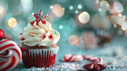 Wall Mural - Festive holiday cupcake with red decorations and candy canes