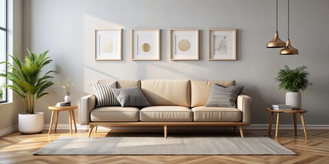 Sticker - Sofa mockup in a cozy living room with blank wall for hanging pictures , sofa, living room, interior, mockup, wall, pictures