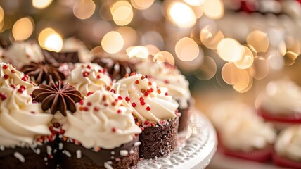 Wall Mural - Chocolate cupcakes with vanilla frosting and sprinkles, festive lights background