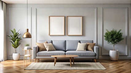 Wall Mural - Sofa mockup in a modern living room with a blank wall mockup for hanging pictures, sofa, mockup, living room, wall, interior