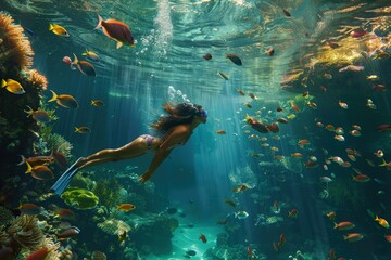 Wall Mural - a woman swimming in the ocean surrounded by fish