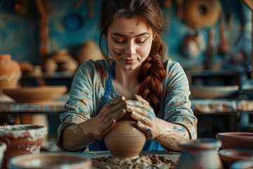 Poster - a woman is making a vase out of clay