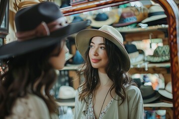 Wall Mural - a woman standing in front of a mirror wearing a hat