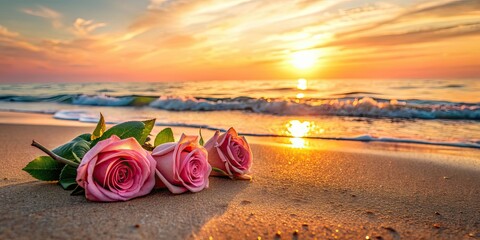 Wall Mural - Pink roses on the beach at sunset, romantic and serene setting, pink, roses, beach, sunset, romantic, serene